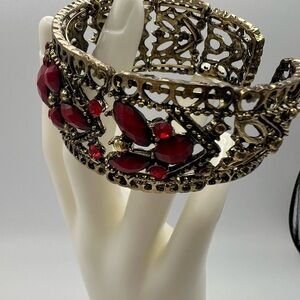 Vintage Red Rhinestones Brass  Elegant Filigree Cuff Bracelet